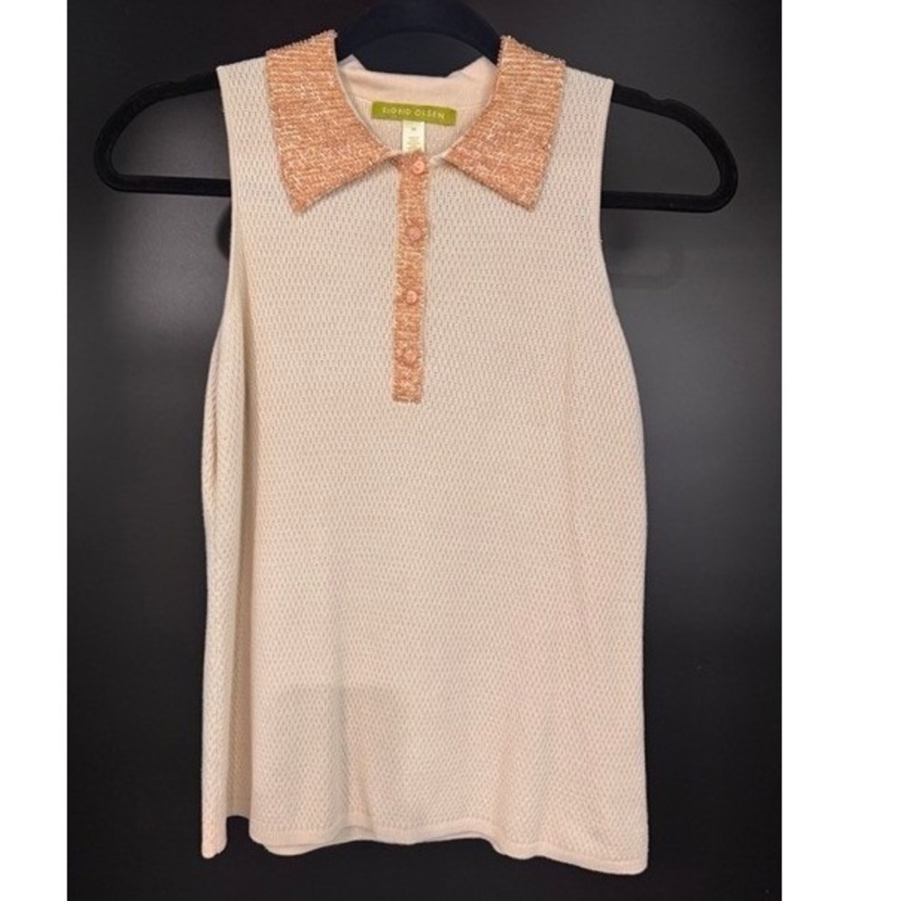 Sigrid Olsen Womens Cream Peach Silk Beaded Sleeveless Polo Top MEDIUM Silk